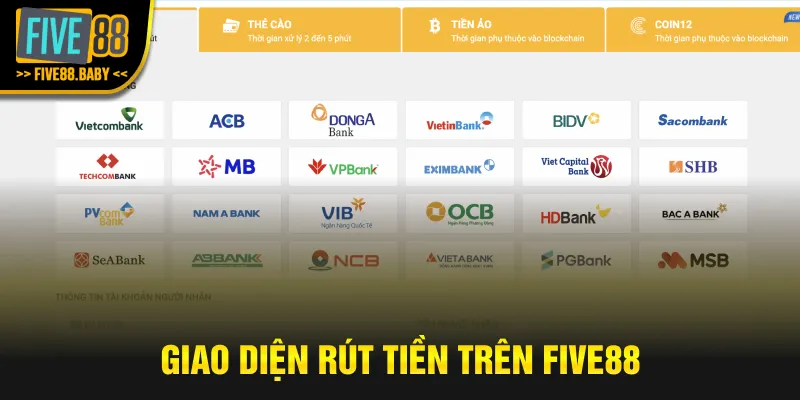 Giao diện rút tiền trên Five88